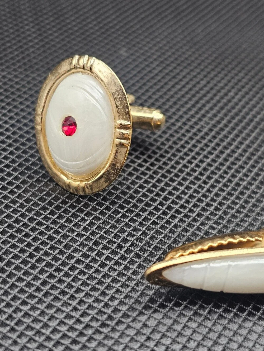 Vintage Gold Tone Cufflinks and Tie Clip Set with White and Red Accents